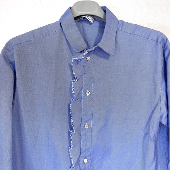 RED VALENTINO Ruffle Trim Cotton Button Down Shirt in Blue Size S/4 - Picture 4 of 14